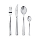 Set of silver cutlery including a fork, knife, and two spoons on a white background.
