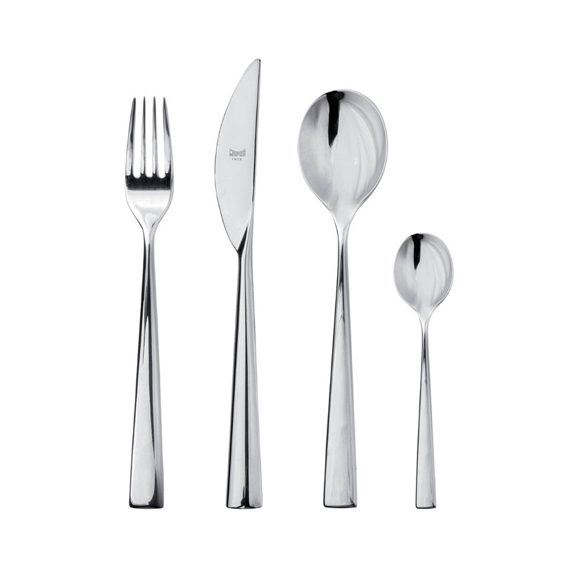 Set of silver cutlery including a fork, knife, and two spoons on a white background.