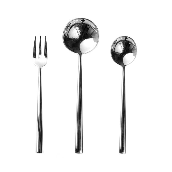 Set of silver cutlery including a fork and two spoons on a white background