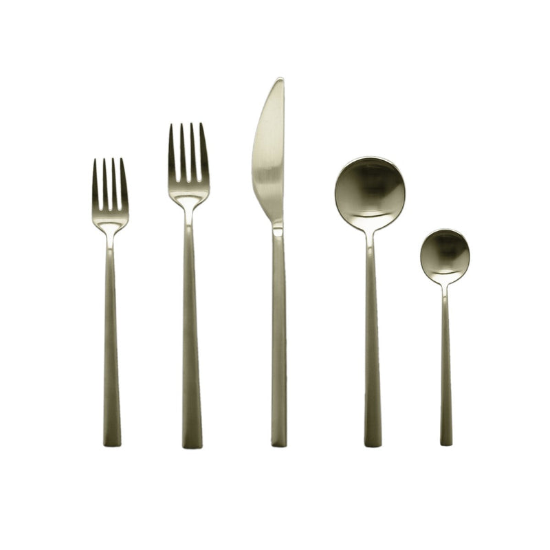 Set of silver cutlery including forks, a knife, and spoons on a white background