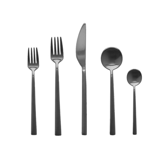 Set of black cutlery including forks, knives, and spoons on a white background