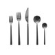 Set of black cutlery including forks, knives, and spoons on a white background