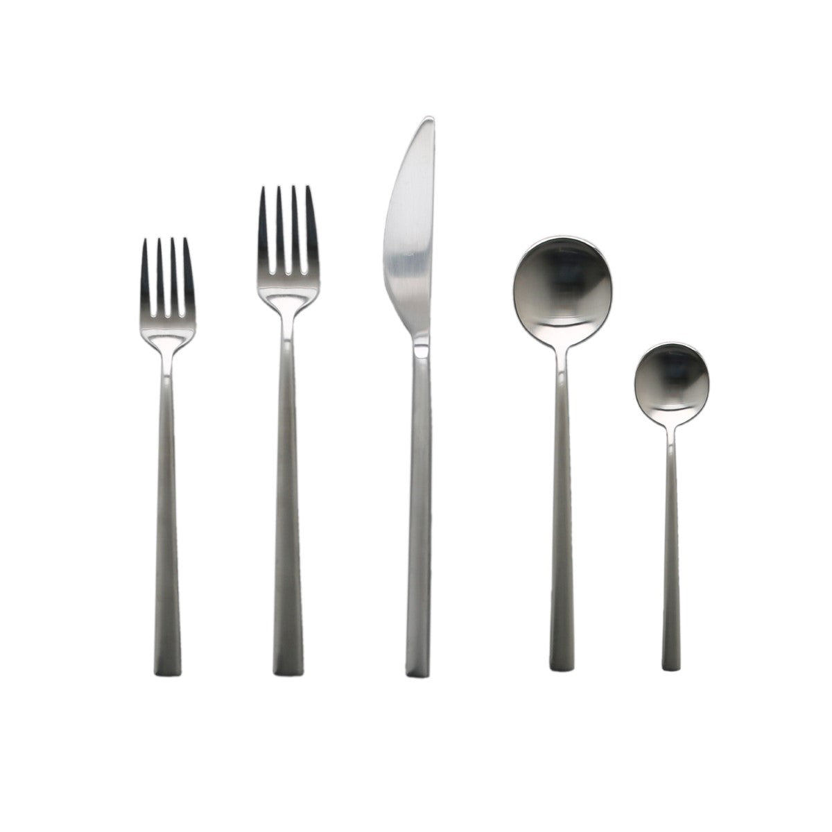 Set of silver cutlery including forks, knives, and spoons on a white background