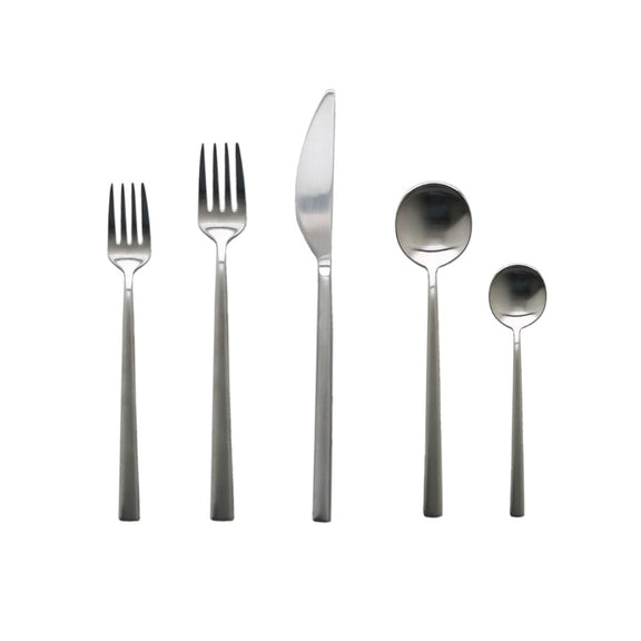 Set of silver cutlery including forks, knives, and spoons on a white background