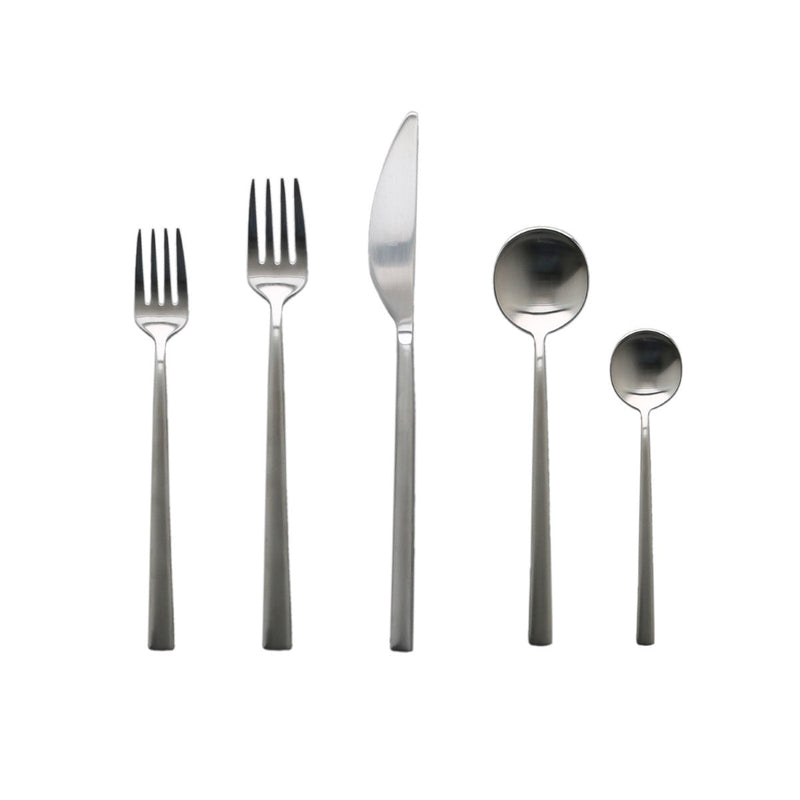 Set of silver cutlery including forks, knives, and spoons on a white background