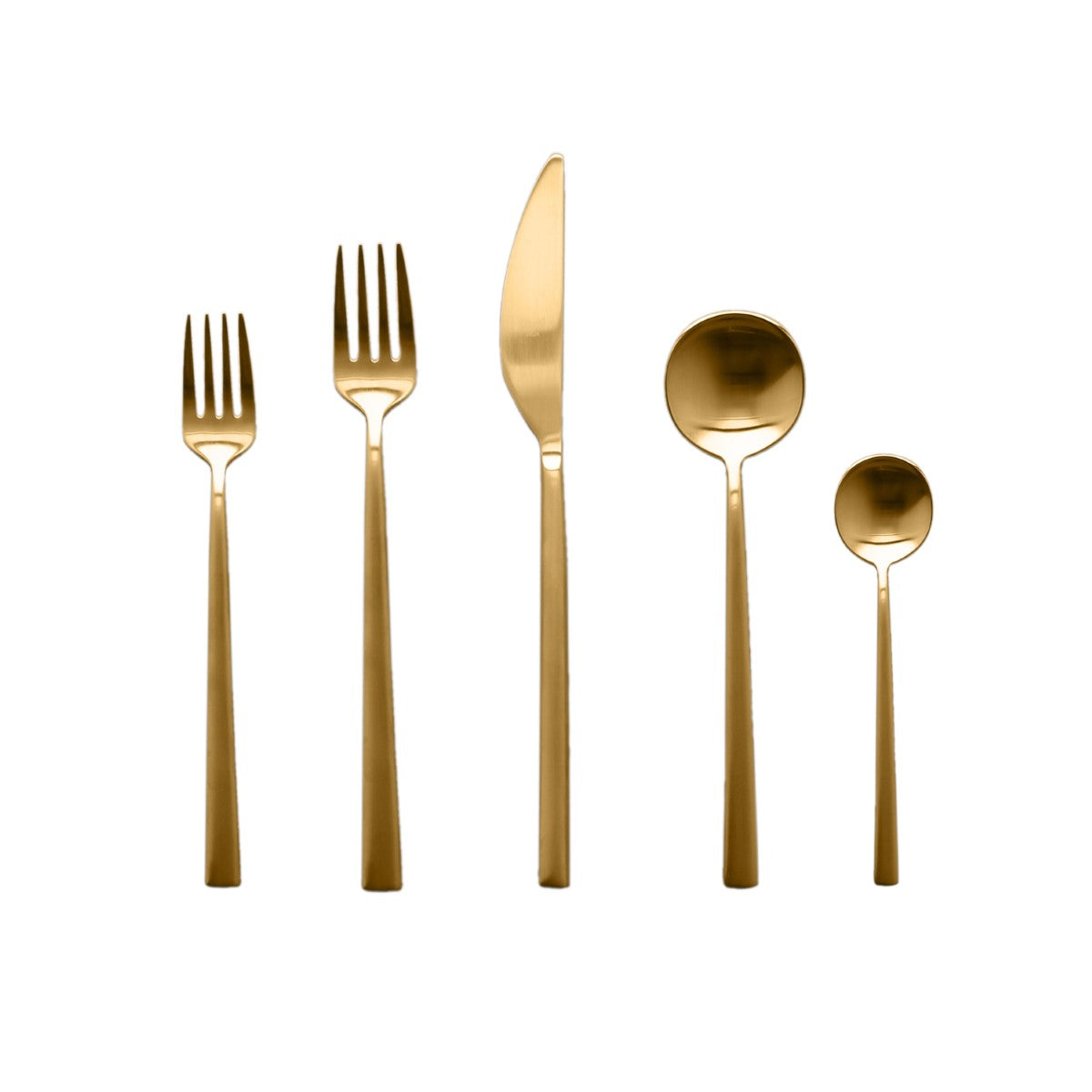 Set of gold-colored cutlery including forks, knives, and spoons on a white background