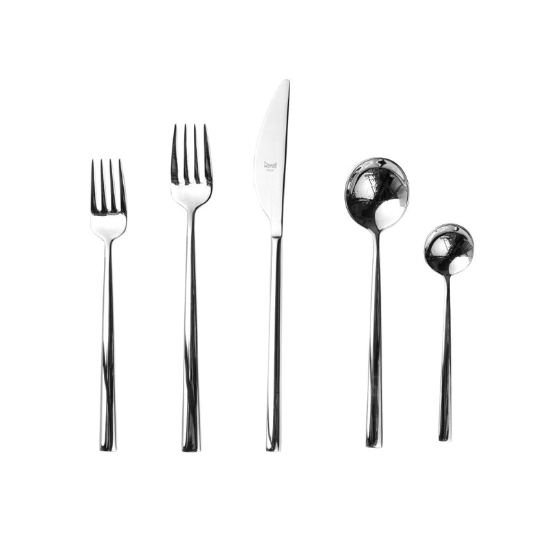 Set of silver cutlery including forks, a knife, and spoons on a white background
