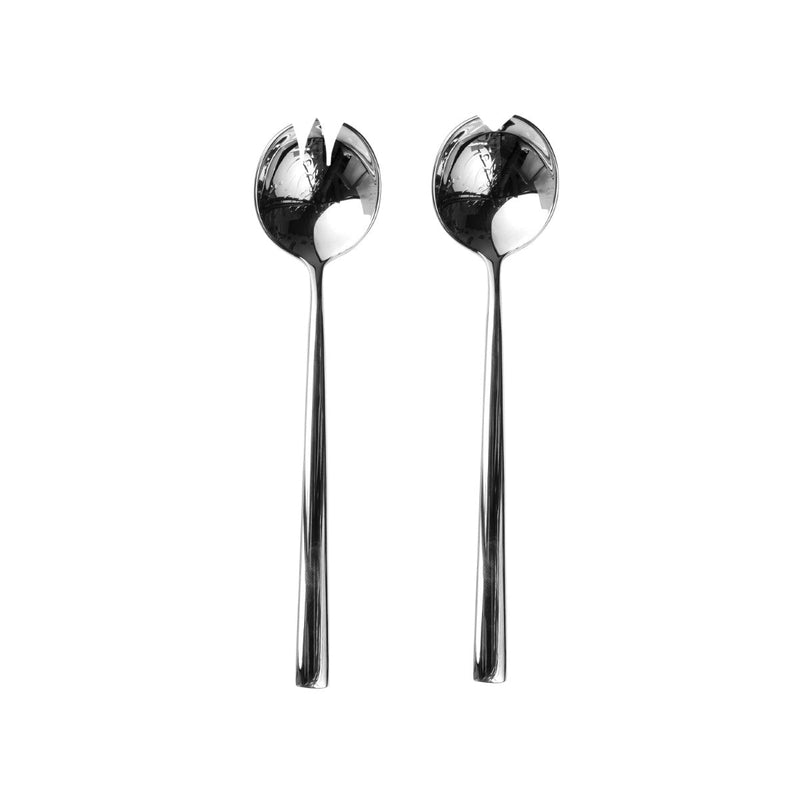 Two silver salad servers on a white background