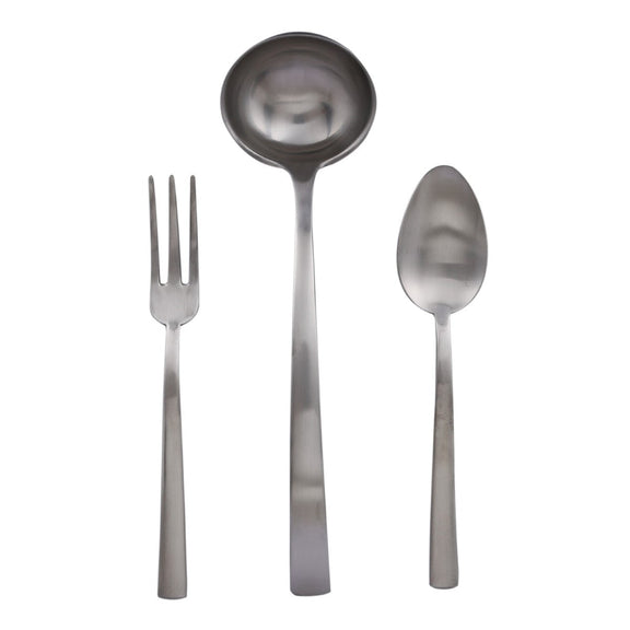 Set of silver cutlery including a fork, ladle, and spoon on a white background