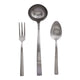 Set of silver cutlery including a fork, ladle, and spoon on a white background