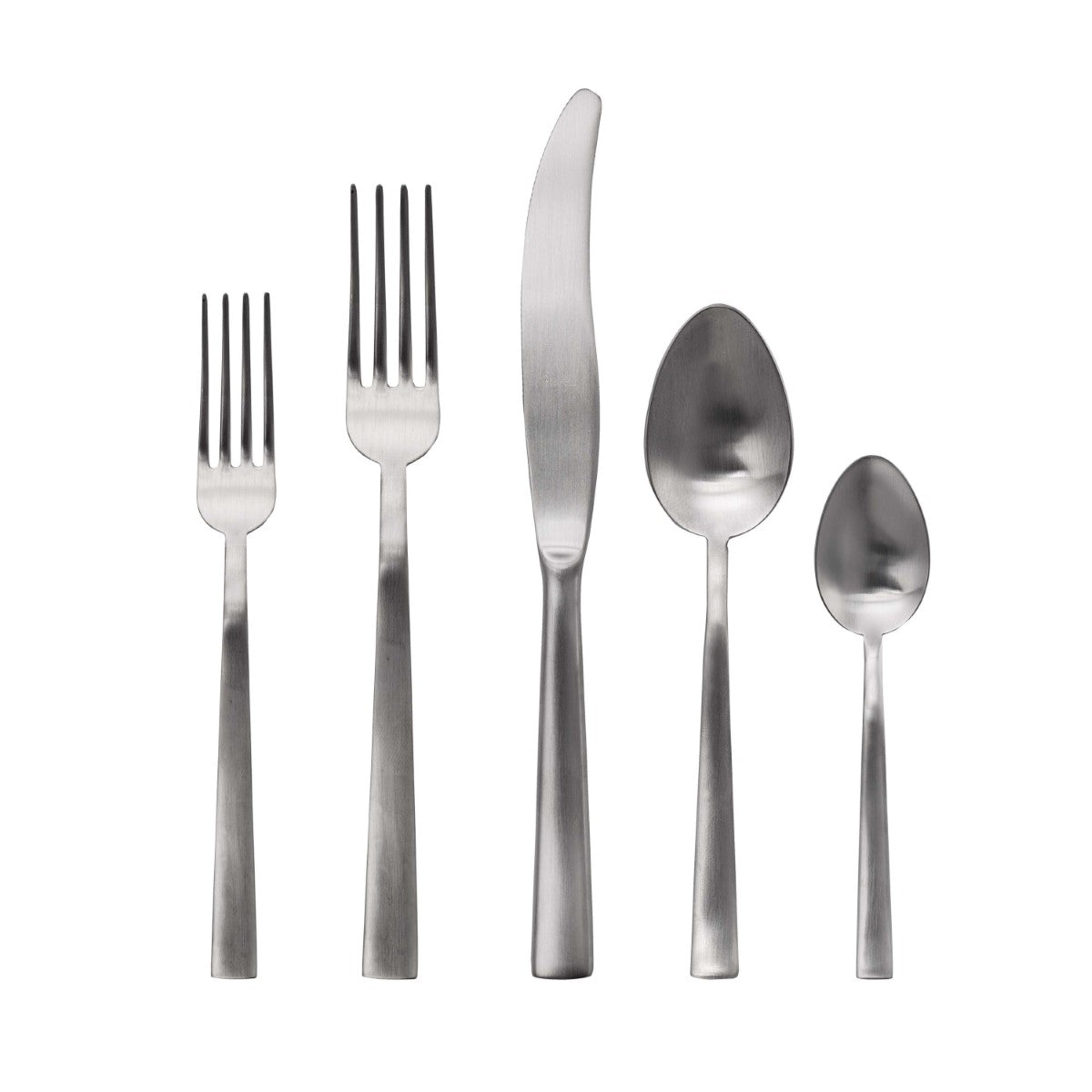 Set of silver cutlery including forks, knives, and spoons on a white background