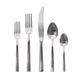 Set of silver cutlery including forks, knives, and spoons on a white background