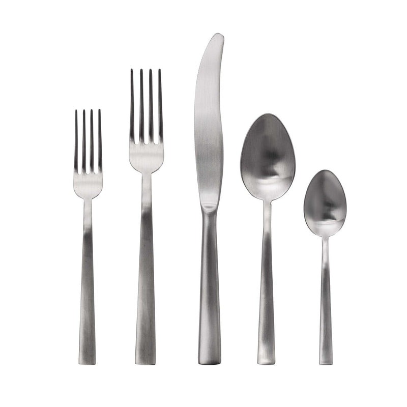 Set of silver cutlery including forks, knives, and spoons on a white background