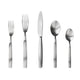 Set of silver cutlery including forks and spoons on a white background
