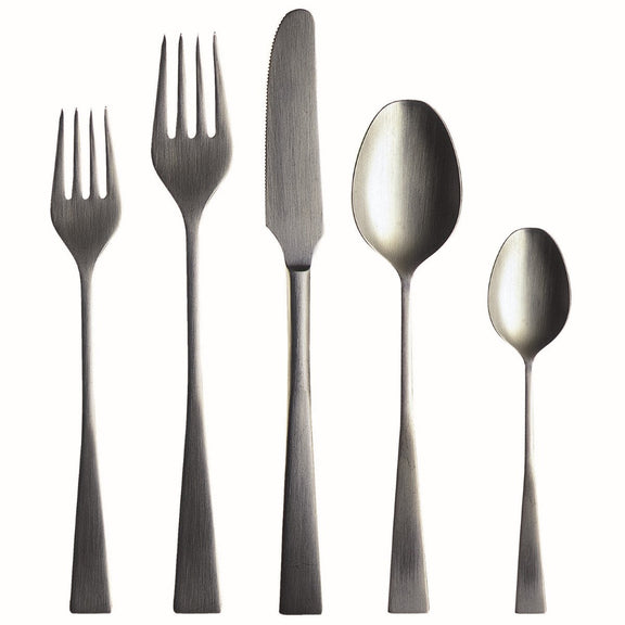 Set of silver cutlery including two forks, a knife, and two spoons on a white background.