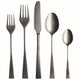 Set of silver cutlery including two forks, a knife, and two spoons on a white background.