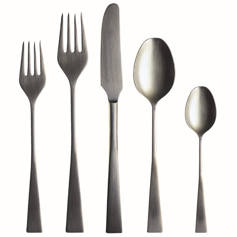 Set of silver cutlery including two forks, a knife, and two spoons on a white background.