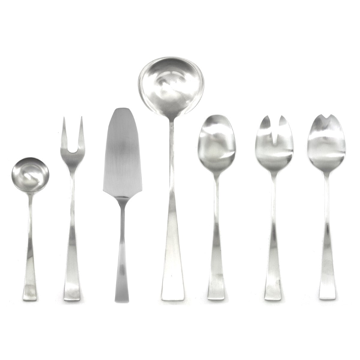 Set of silver cutlery including spoons and forks on a white background