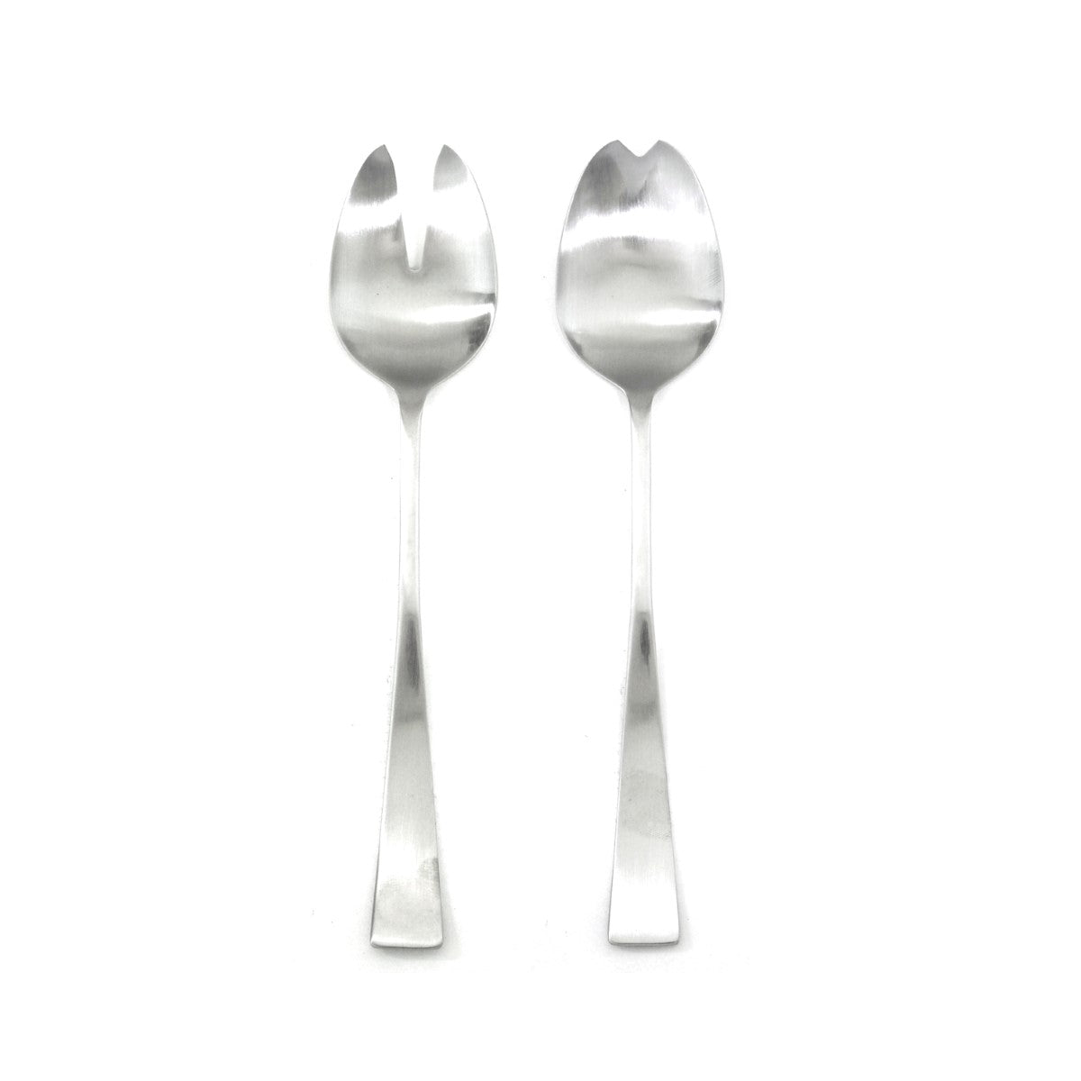 Two silver salad servers on a white background