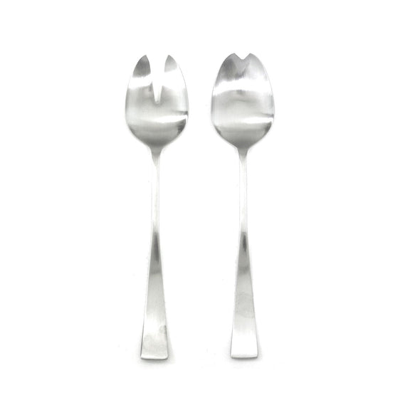 Two silver salad servers on a white background