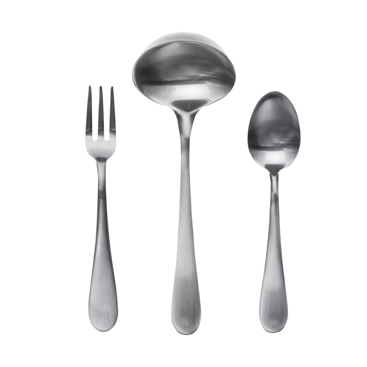 Set of silver utensils including a fork, ladle, and spoon on a white background