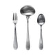 Set of silver utensils including a fork, ladle, and spoon on a white background