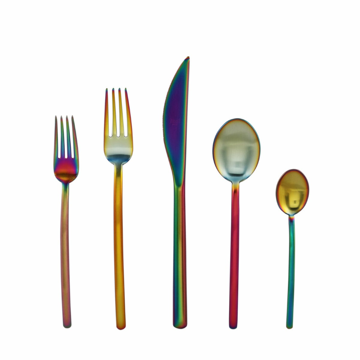 Set of colorful cutlery including fork, knife, and spoons on a white background