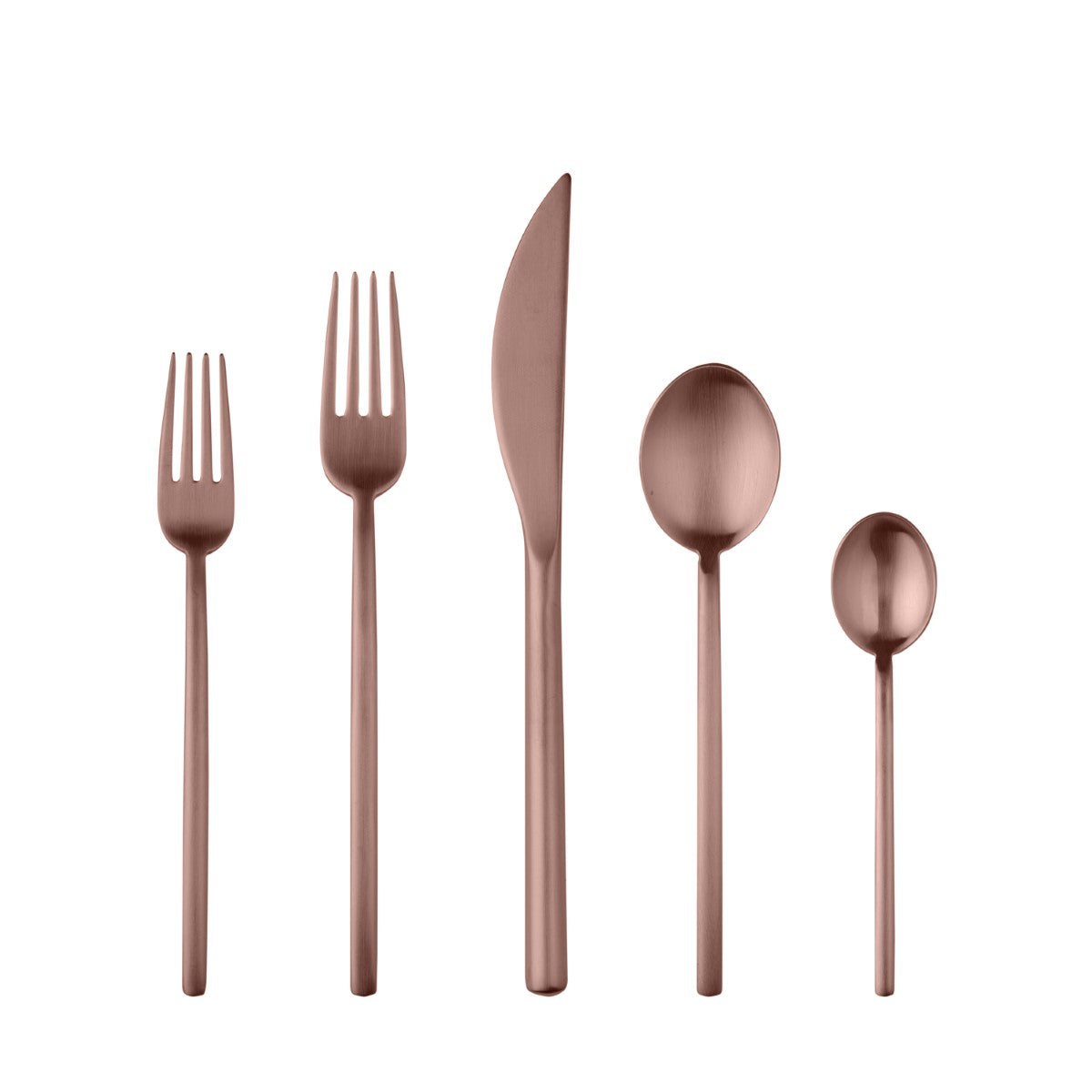 Set of rose gold cutlery including fork, knife, and spoons on a white background