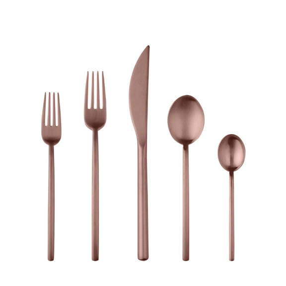 Set of rose gold cutlery including fork, knife, and spoons on a white background