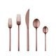 Set of rose gold cutlery including fork, knife, and spoons on a white background