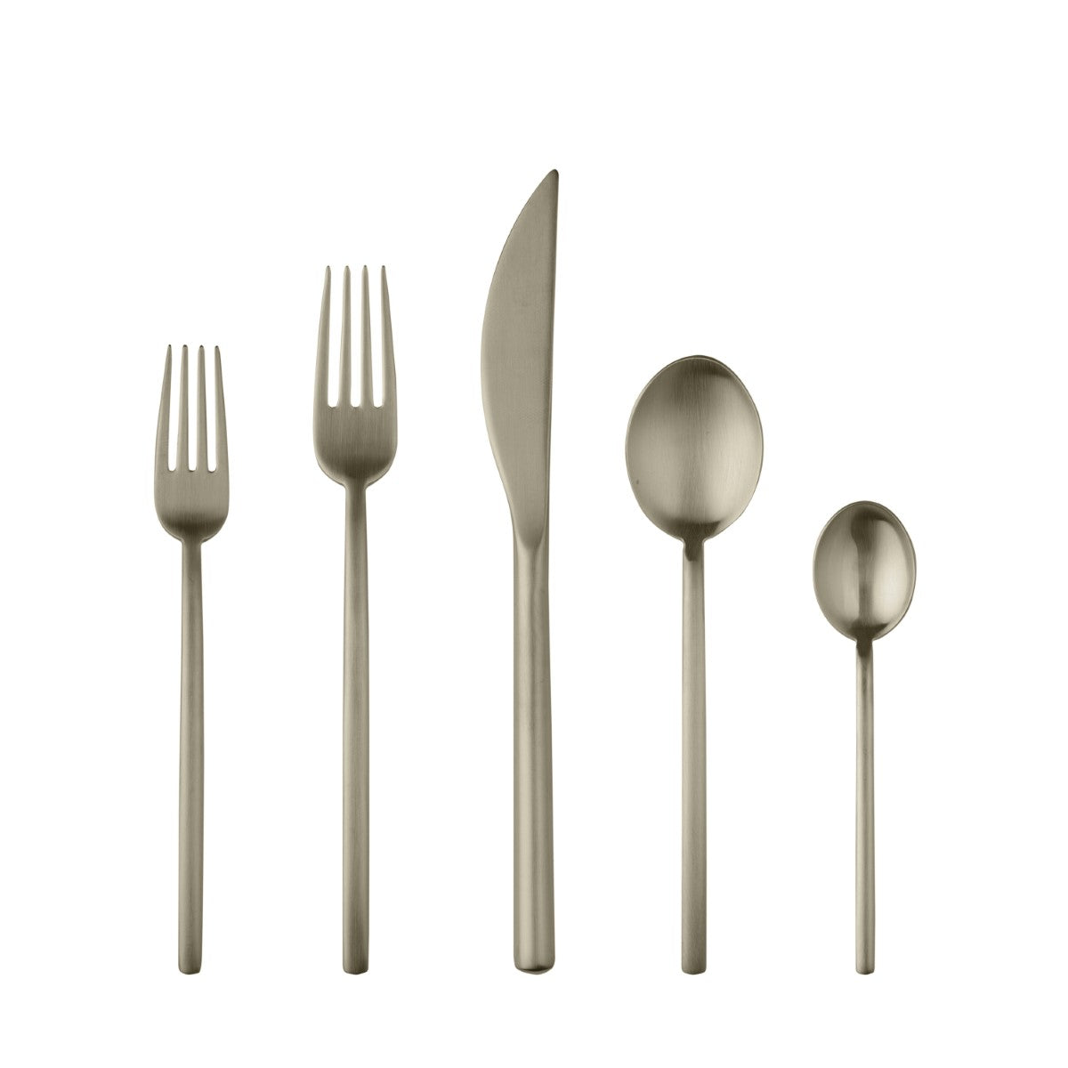 Set of silver cutlery including forks, knife, and spoons on a white background