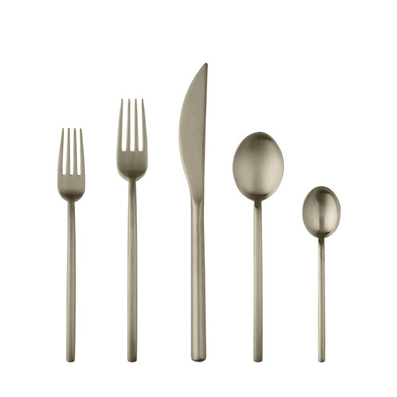 Set of silver cutlery including forks, knife, and spoons on a white background