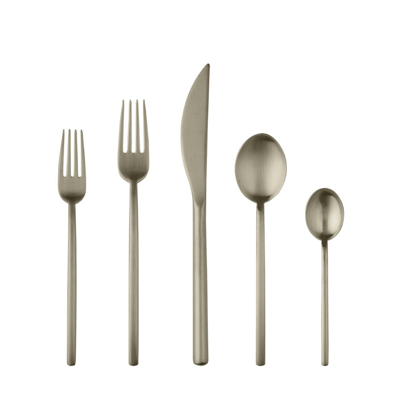 Set of silver cutlery including forks, knife, and spoons on a white background