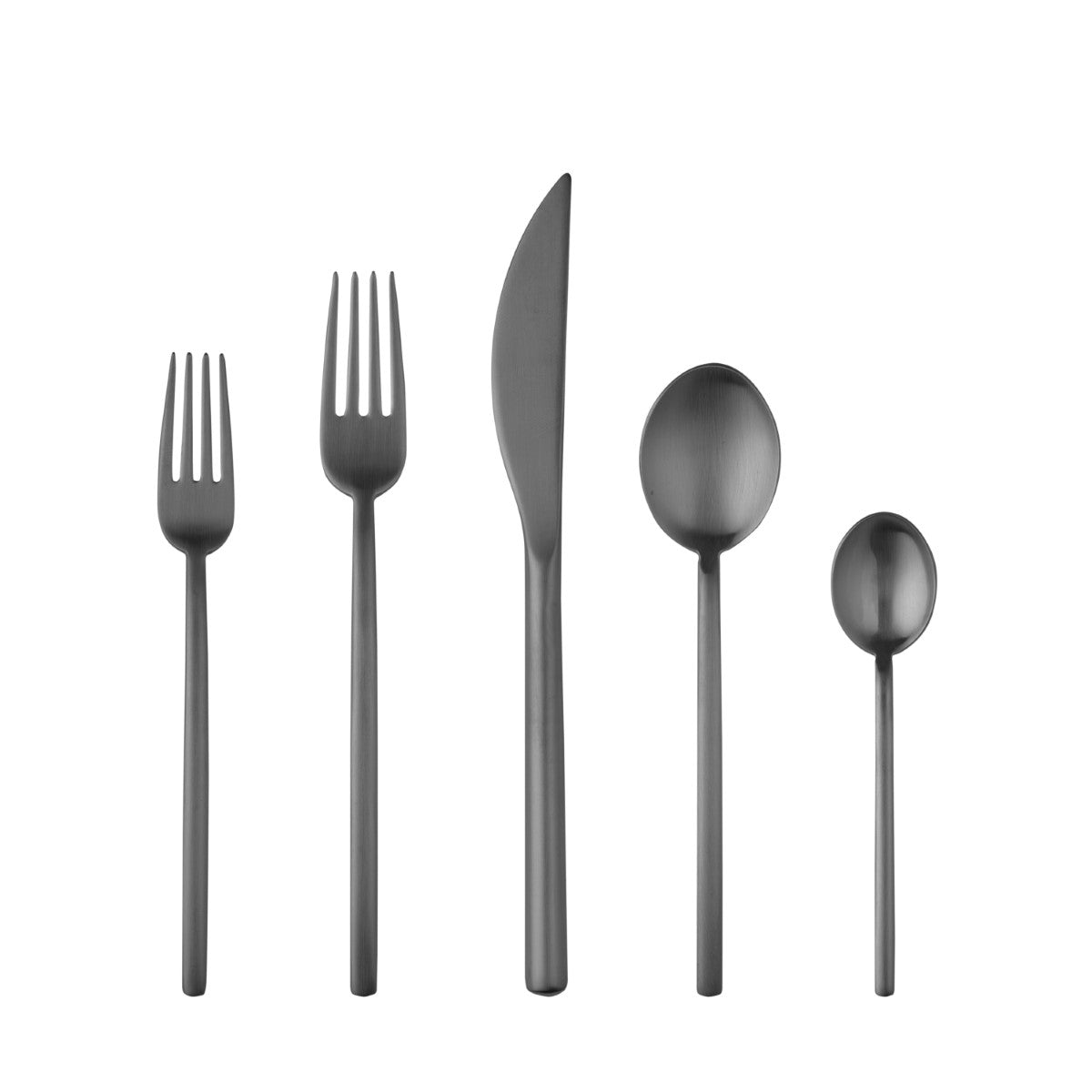 Set of black cutlery including fork, knife, and spoons on a white background