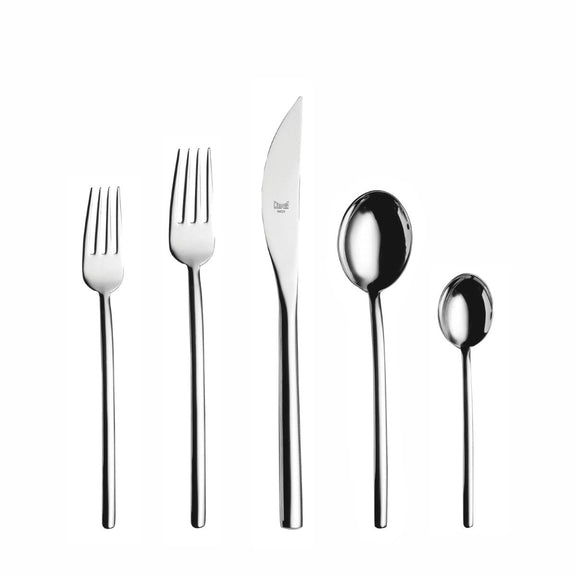 Set of silver cutlery including forks, knives, and spoons on a white background