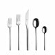 Set of silver cutlery including forks, knives, and spoons on a white background