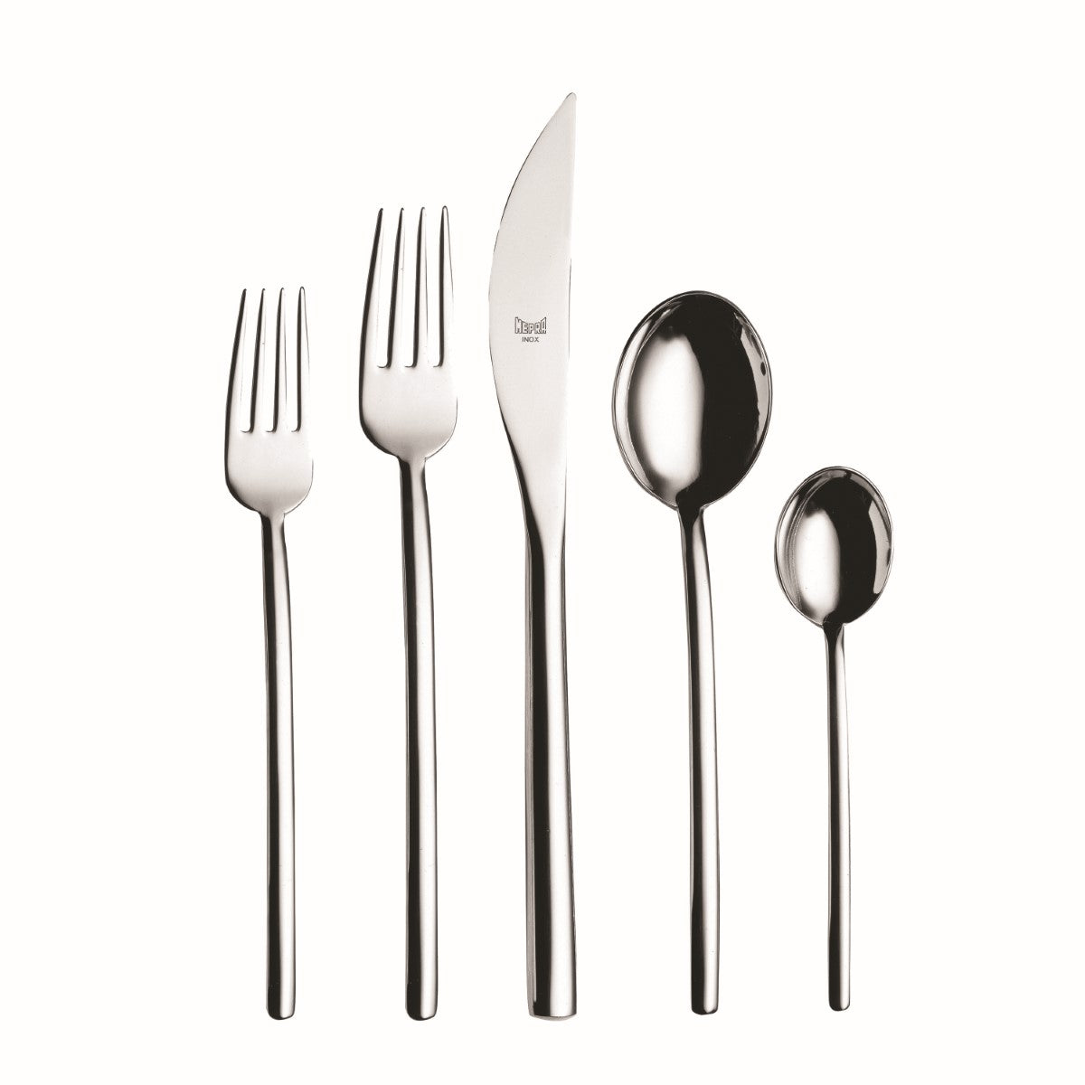 Set of silver cutlery including forks, knives, and spoons on a white background