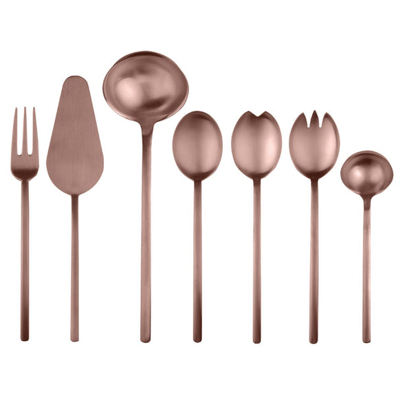 Set of rose gold flatware including a fork, knife, and various spoons on a white background.