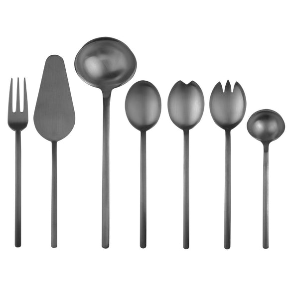 Set of black cutlery including a fork, knife, ladle, and spoons on a white background