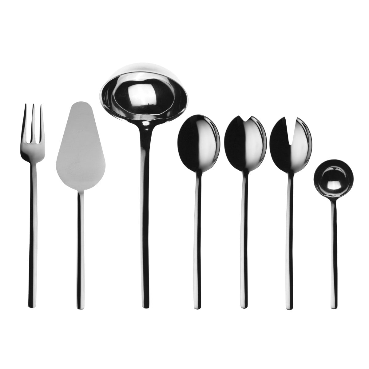 Set of silver cutlery including a fork, knife, ladle, and spoons on a white background