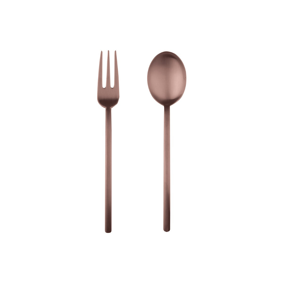 Rose gold fork and spoon on a white background
