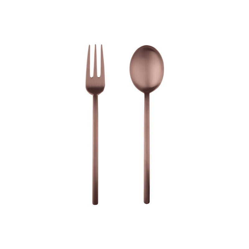 Rose gold fork and spoon on a white background