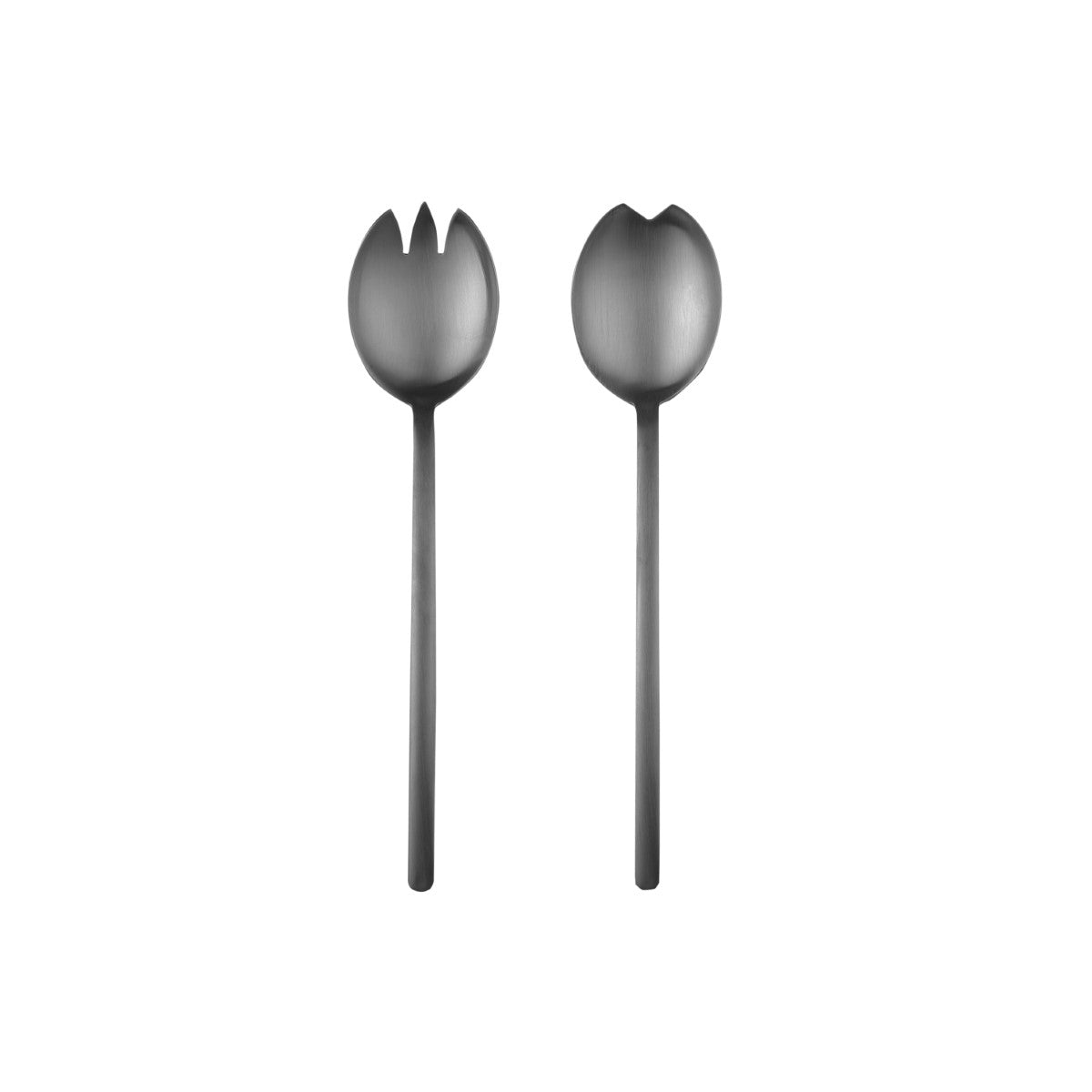 Two black metal salad servers on a white background