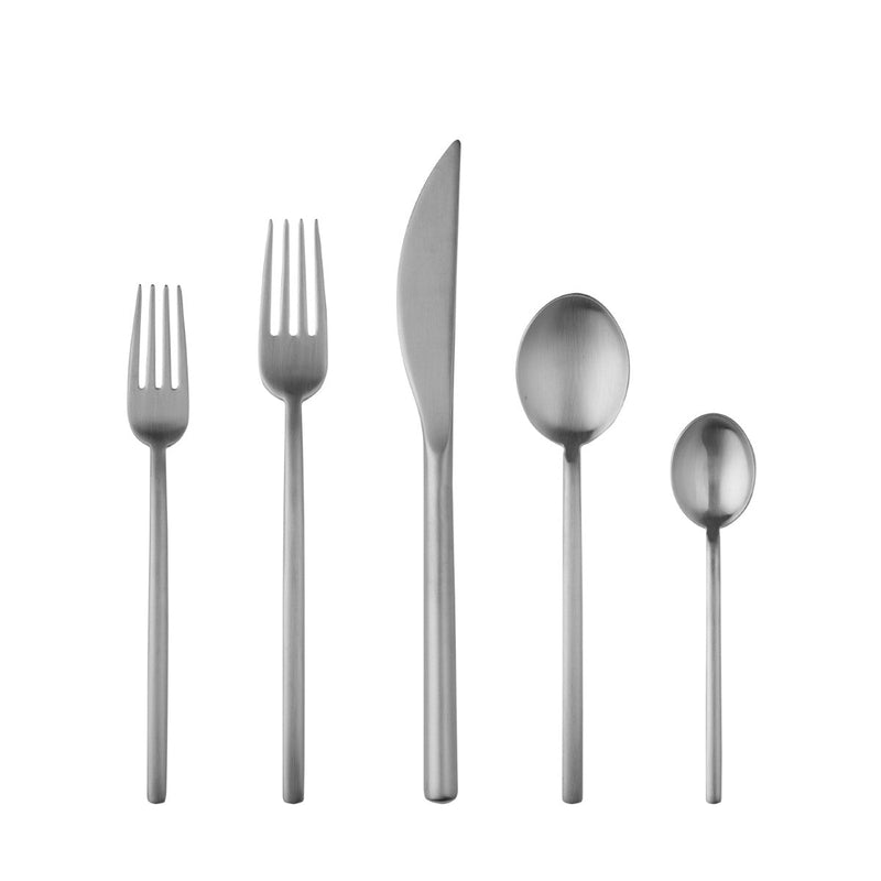 Set of silver cutlery including forks, knives, and spoons on a white background