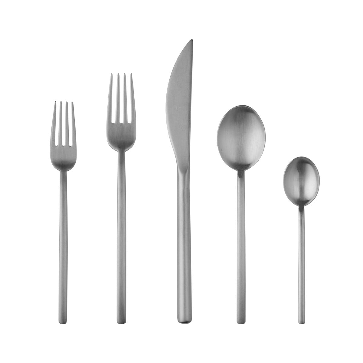 Set of silver cutlery including forks and spoons on a white background