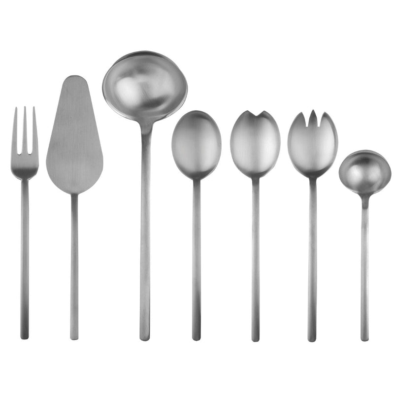 Set of silver cutlery including a fork, knife, ladle, and spoons on a white background