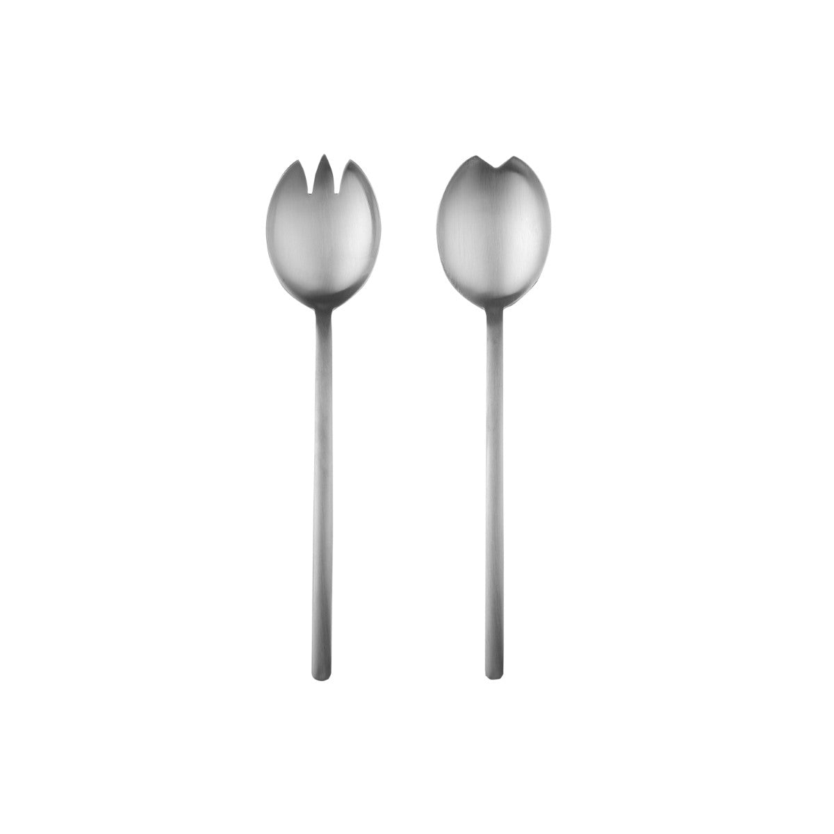Two silver salad servers on a white background