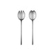 Two silver salad servers on a white background