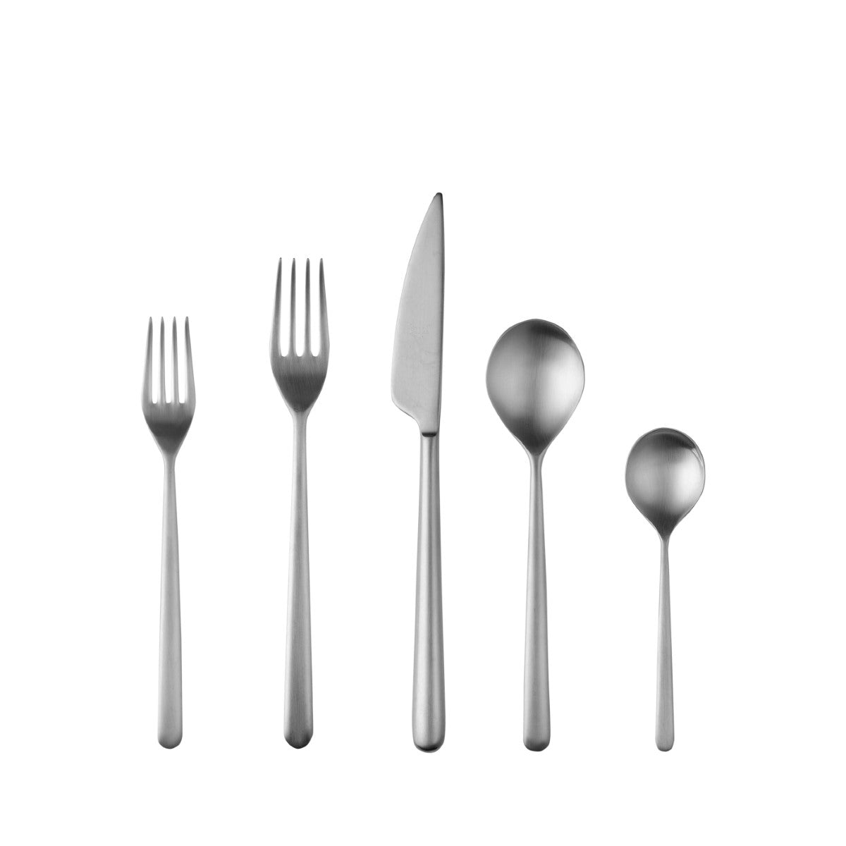 Set of silver cutlery including forks, knife, and spoons on a white background