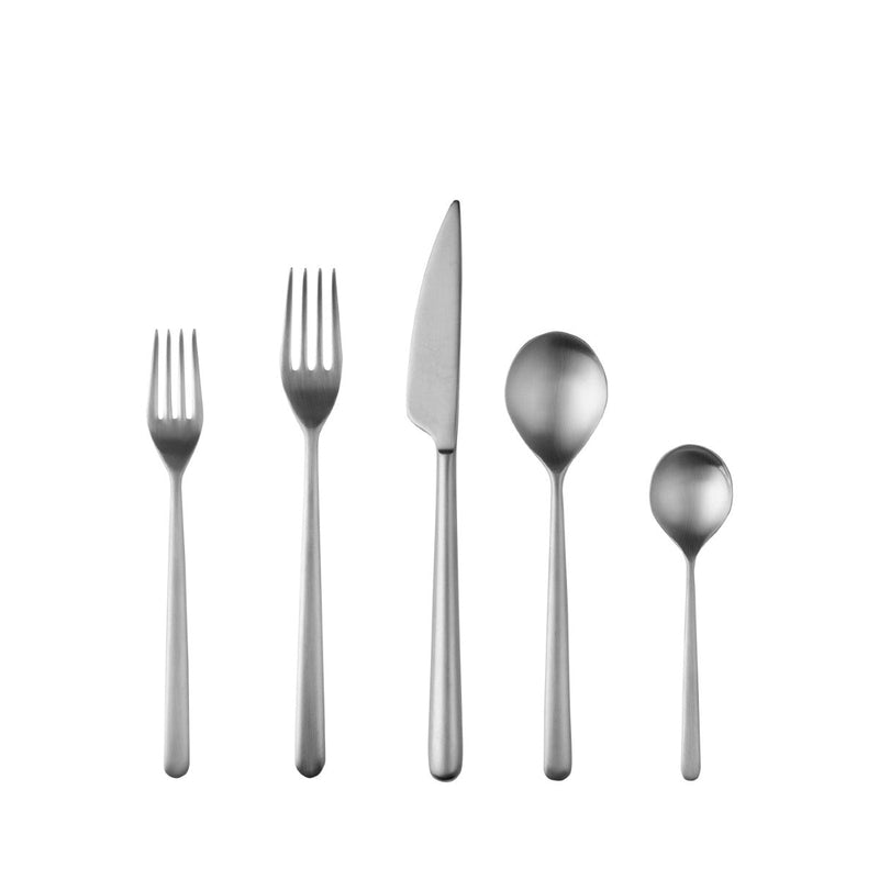 Set of silver cutlery including forks, knife, and spoons on a white background